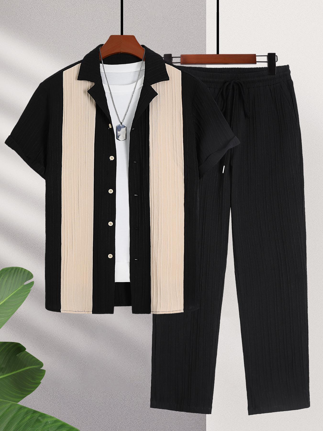 Men's Short Sleeve Shirt & Pants Two-Piece Set, Casual Button Top & Trousers for Summer, Men's Two-piece Set for Daily Wear, Matching Clothing Set