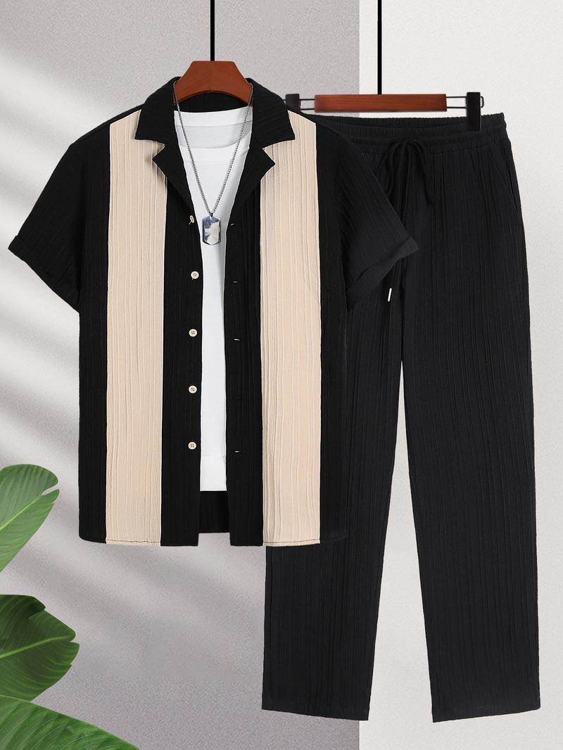 Men's Short Sleeve Shirt & Pants Two-Piece Set, Casual Button Top & Trousers for Summer, Men's Two-piece Set for Daily Wear, Matching Clothing Set
