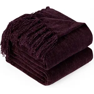 Chenille Throw Blanket for Couch with Tassels,50"X60" Soft Cozy Lightweight Knitted Boho Decorative Blankets for Bed and Sofa,Aubergine