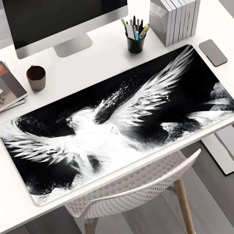 Cool Angel Black Large Gaming Mouse Pad, Stylish Computer Accessory, Perfect for Gaming & Office Use, Artistic Design Desk Pad, High-Quality Non Slip Rubber Base Desk Mat, Desk Accessories, Gift for Creative Professionals backtoschool