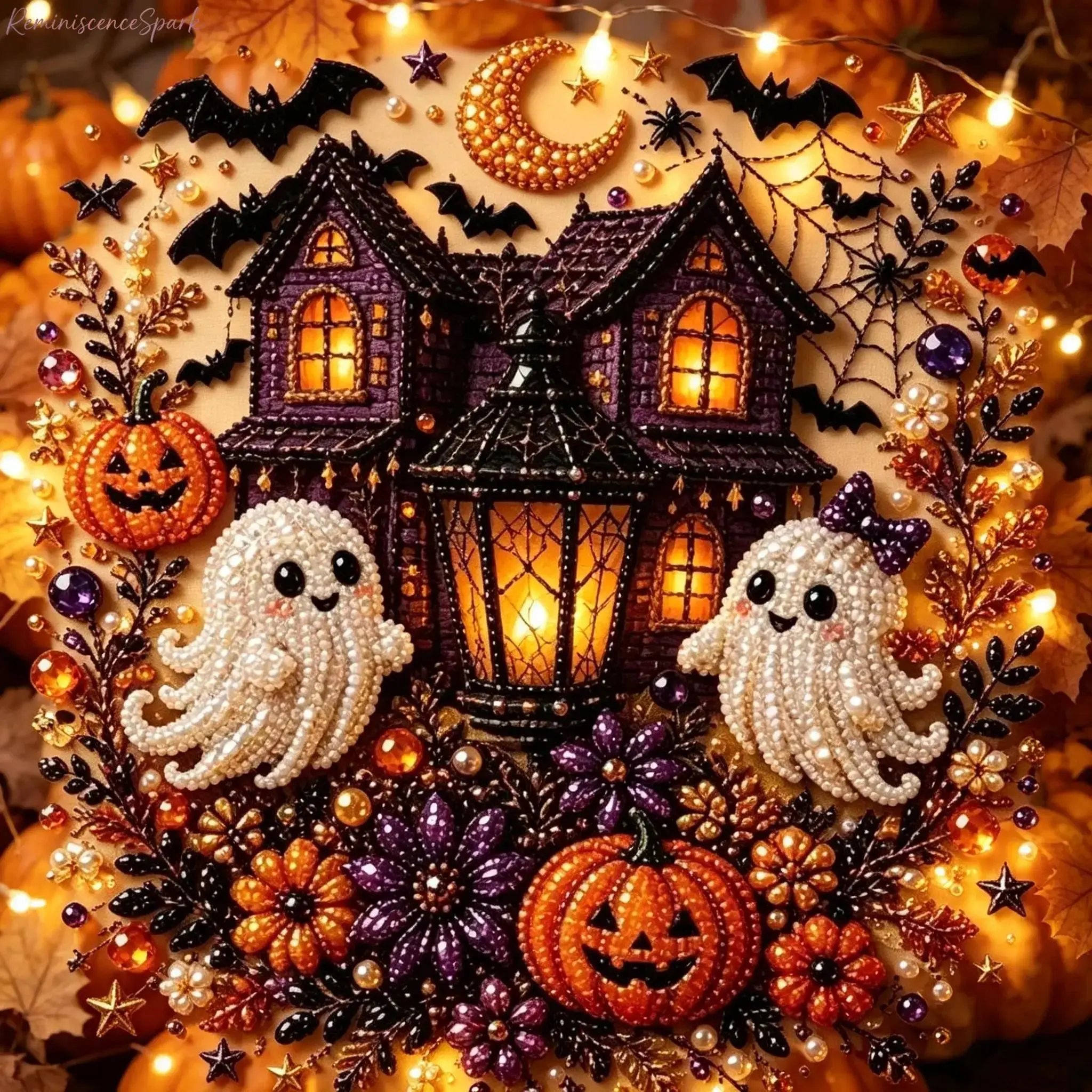 Ghost Themed Pearl Art DIY Kit, 10x10 Inch Spooky Cute 3D Diamond Painting Crafts, Beginner Friendly Handmade Wall Art, Fall Home Decor and Seasonal Party Gift