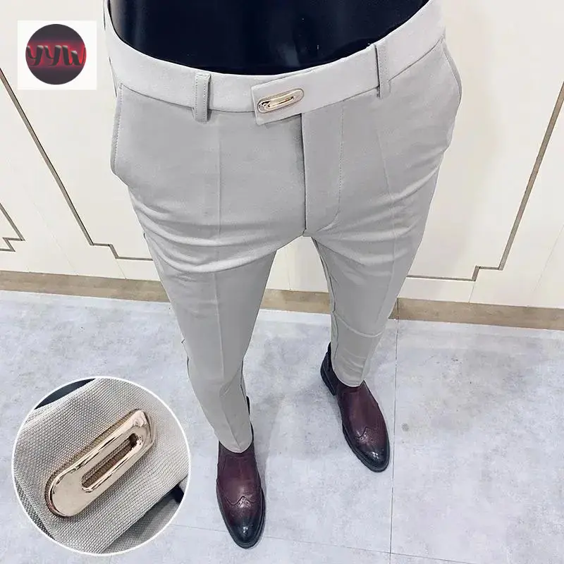 YYW1 Men Suit Pants Dress Pantalone Men Stretch Slim Formal Trousers Cal?a Male Solid Casual Pants Men Clothing