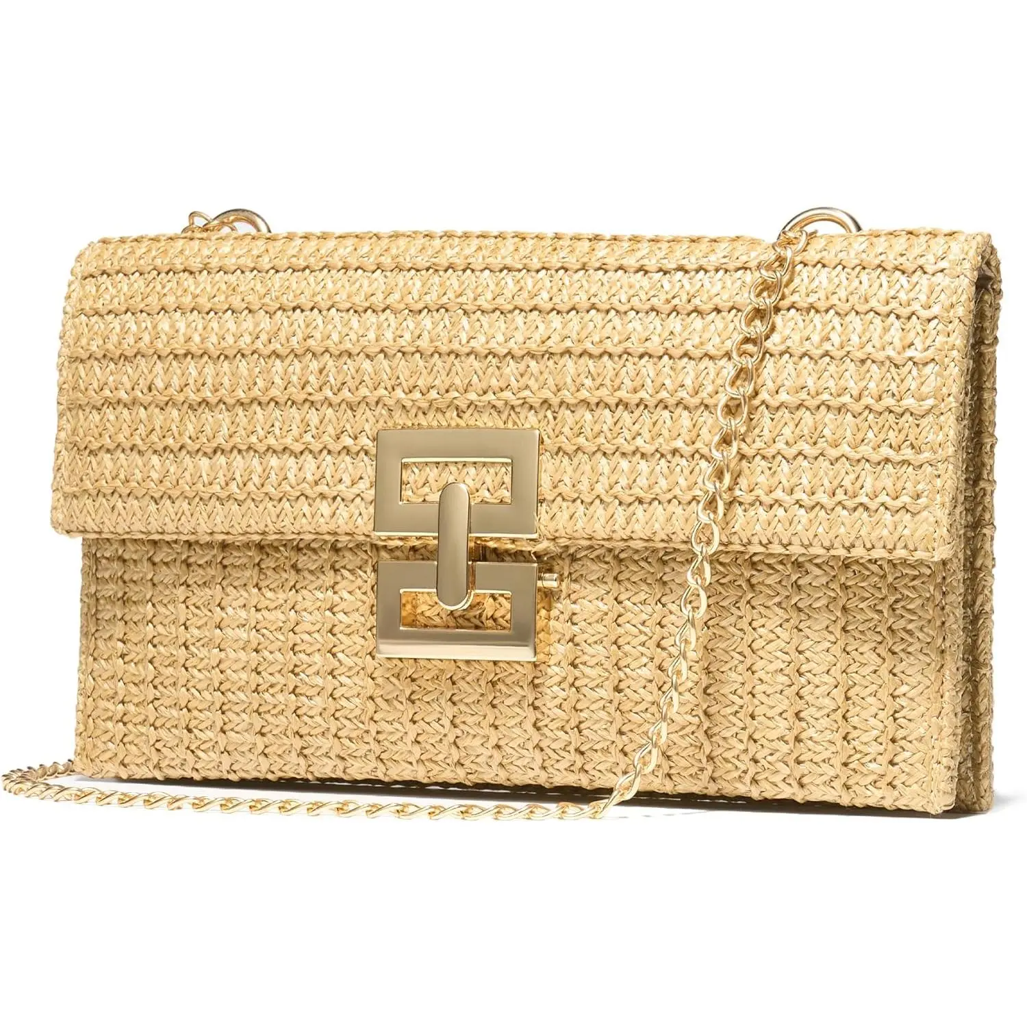 Raffia Handbag Women's Woven Handbag Summer Beach Crossbody Bag |     Small beach-style bohemian rattan shoulder/crossbody bag, decorated with gold chains - perfect for weddings, vacations, or summer trips