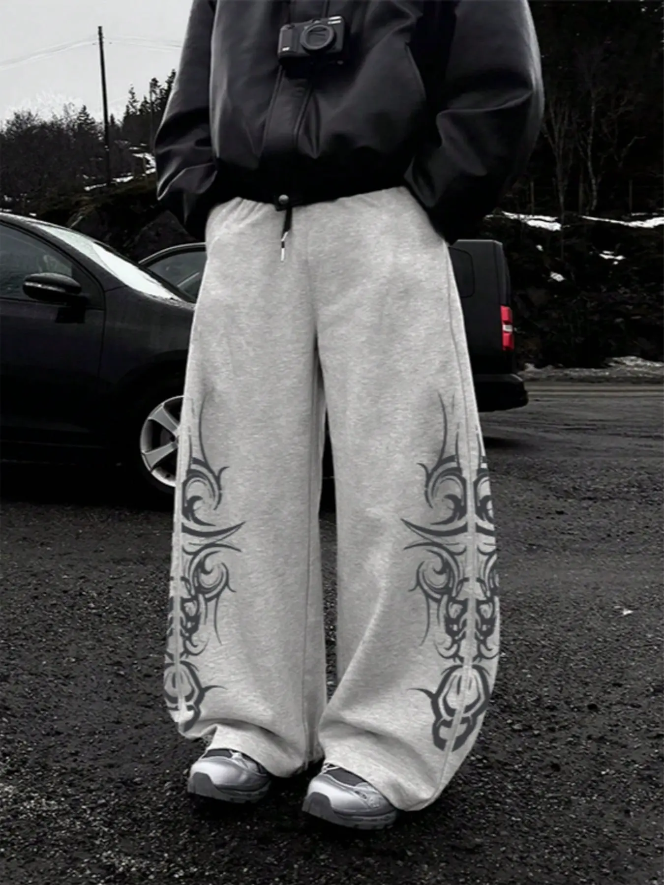 Men's Y2K Streetwear Pants, Light Wide Leg Drawstring Joggers, Vintage Tribal Tattoo Print, Loose Fit Skateboard Long Pants