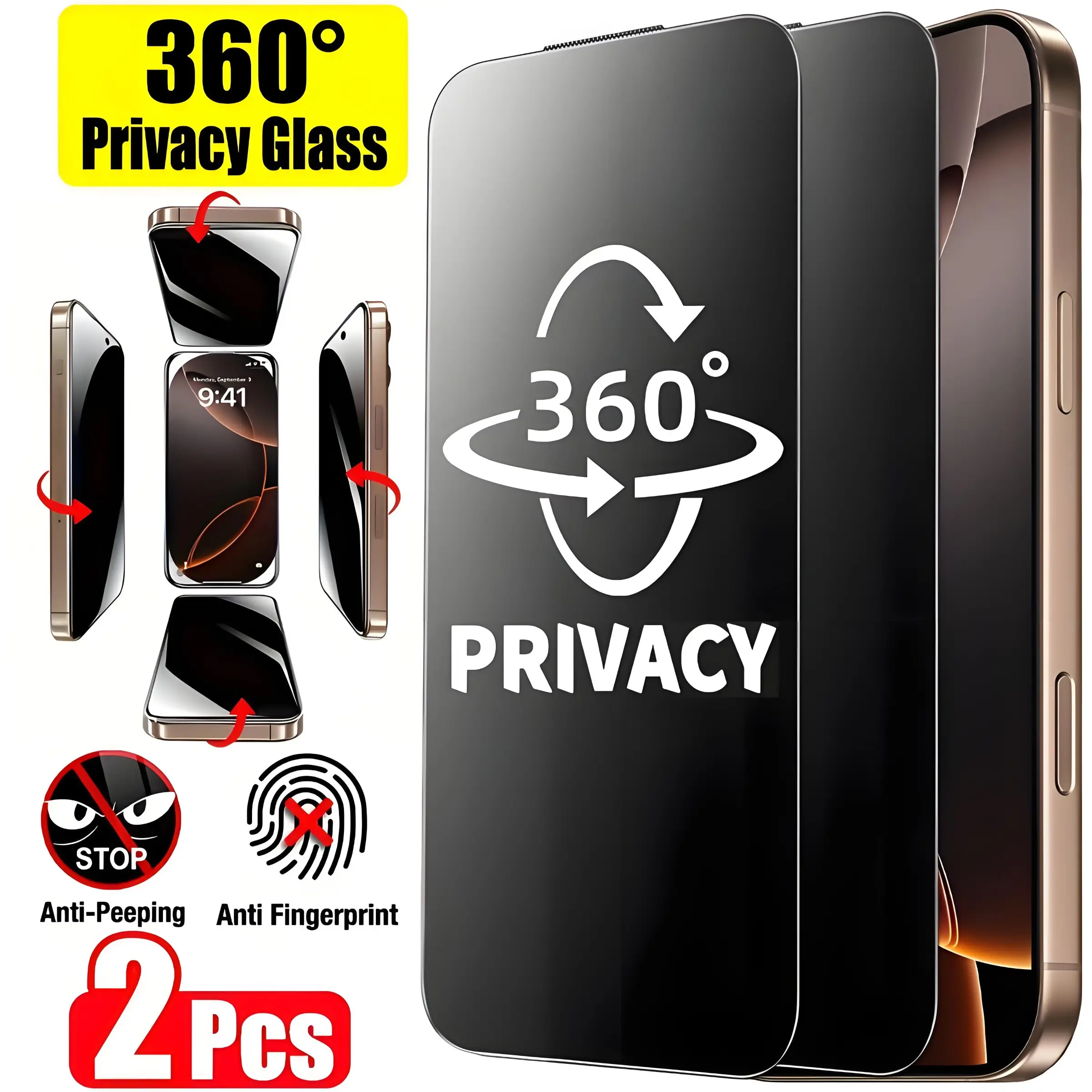 2-Pack Privacy Tempered Glass Screen Protector, Anti-Fingerprint, Scratch-Resistant, Compatible with iPhone 11/12/13/14/15/16/16 Pro Max/17/17 Pro/17 Pro MaxSeries, 360° Privacy Protection, Mobile Phone Accessories