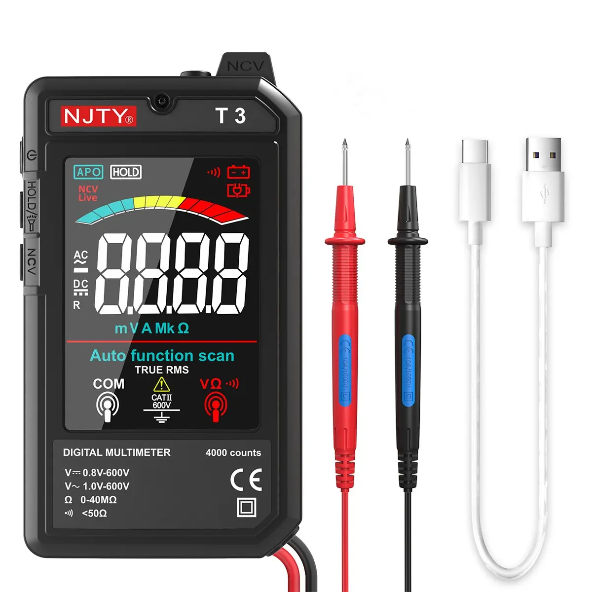 Rechargeable Smart Digital Multimeter, Auto Ranging, Color Screen, AC DC Voltage Resistance Measurement, NCV, 4000 Counts, Suitable for Electricians, Model T3, Auto Range Multimeter