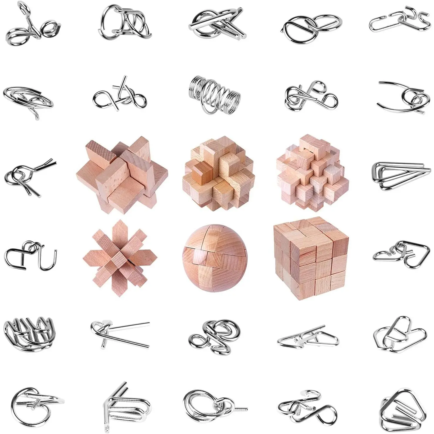 30Pcs Brain Teaser Puzzles Games Educational Toys Mind Wooden and Metal 3D Puzzles Unlock Interlock IQ Boxfidget toys