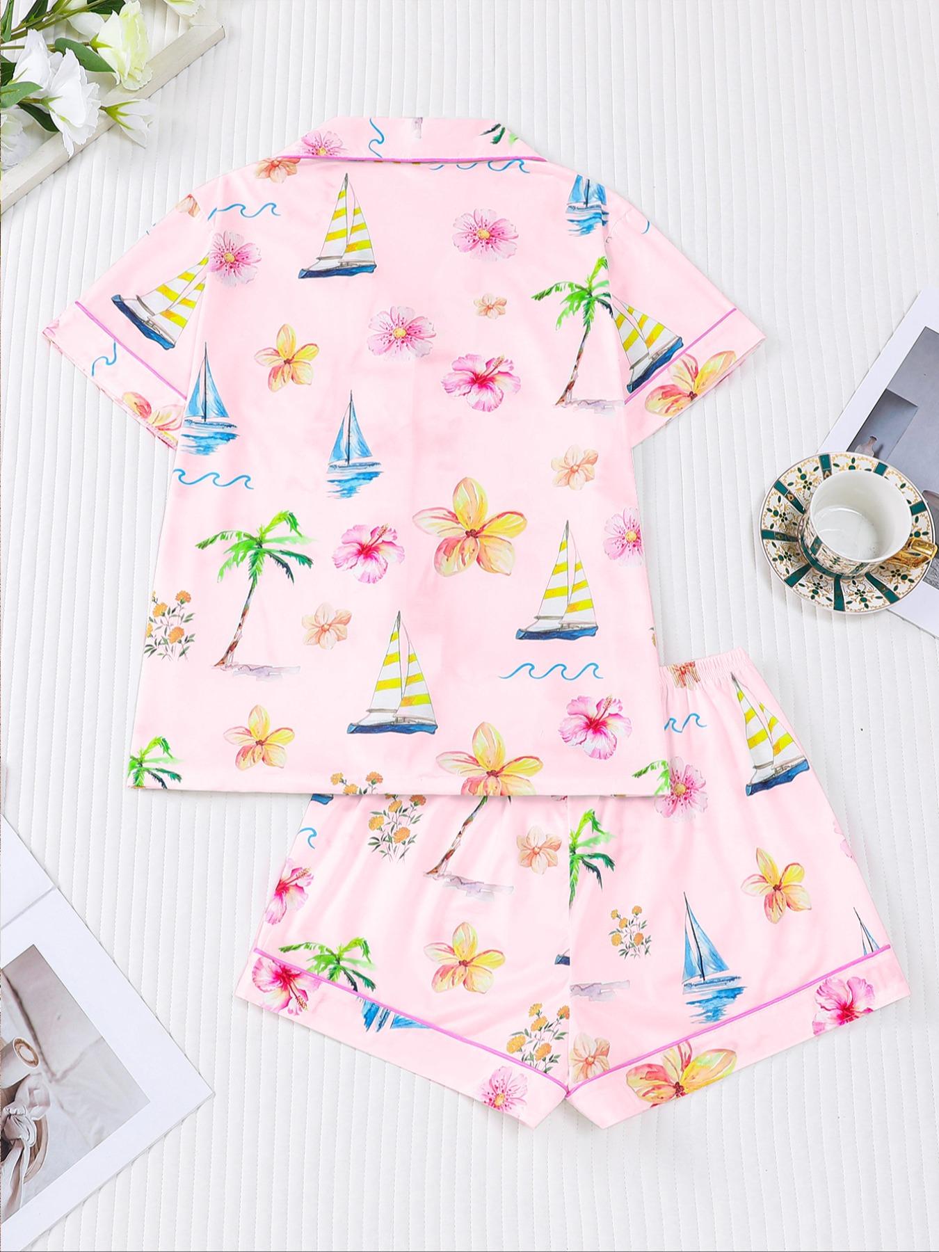 Women's Hawaiian flower Print Pajama Set, 2 Piece Summer Sleepwear, Comfortable Shirt Collar Short Sleeve Top & Elastic Shorts