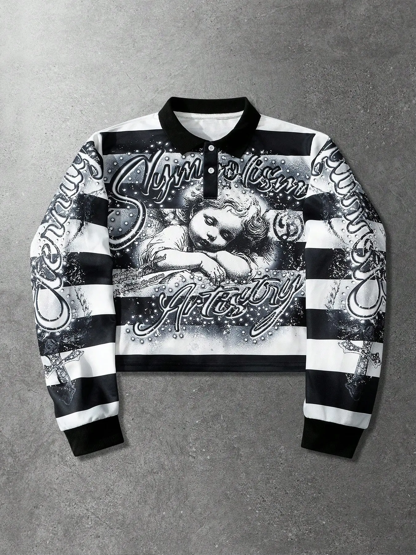 Striped Long Sleeve Polo Pullover With Vintage Angel Symbolism Graphic And All-Arm Cursive Letter Art, Stretchy Rib Cuffs Easy Snap Button Placket Vibrant Long-Lasting Print No See Through Easy Care Sweat Top, Various Shades For Mall Shopping Weekend Hang