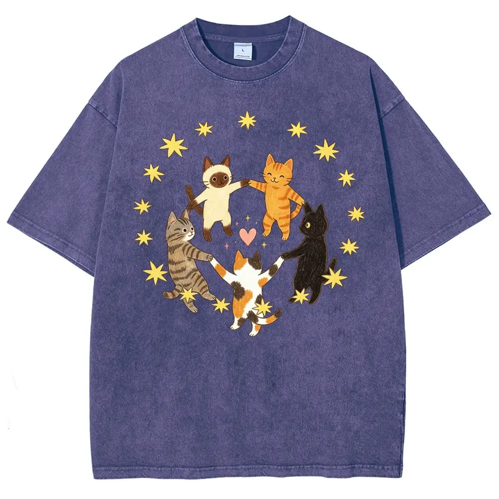 Five Holding Hands Circle Cats Yellow Star Heart Vintage Washed Tee Unisex Graphict Washed T-Shirt Personalized Pattern Y2k Clothing Round Neck Washed T-Shirt,Women's Clothing 100% Cotton, Menswear, Top, Vintage Style,Summer Casual Oversized