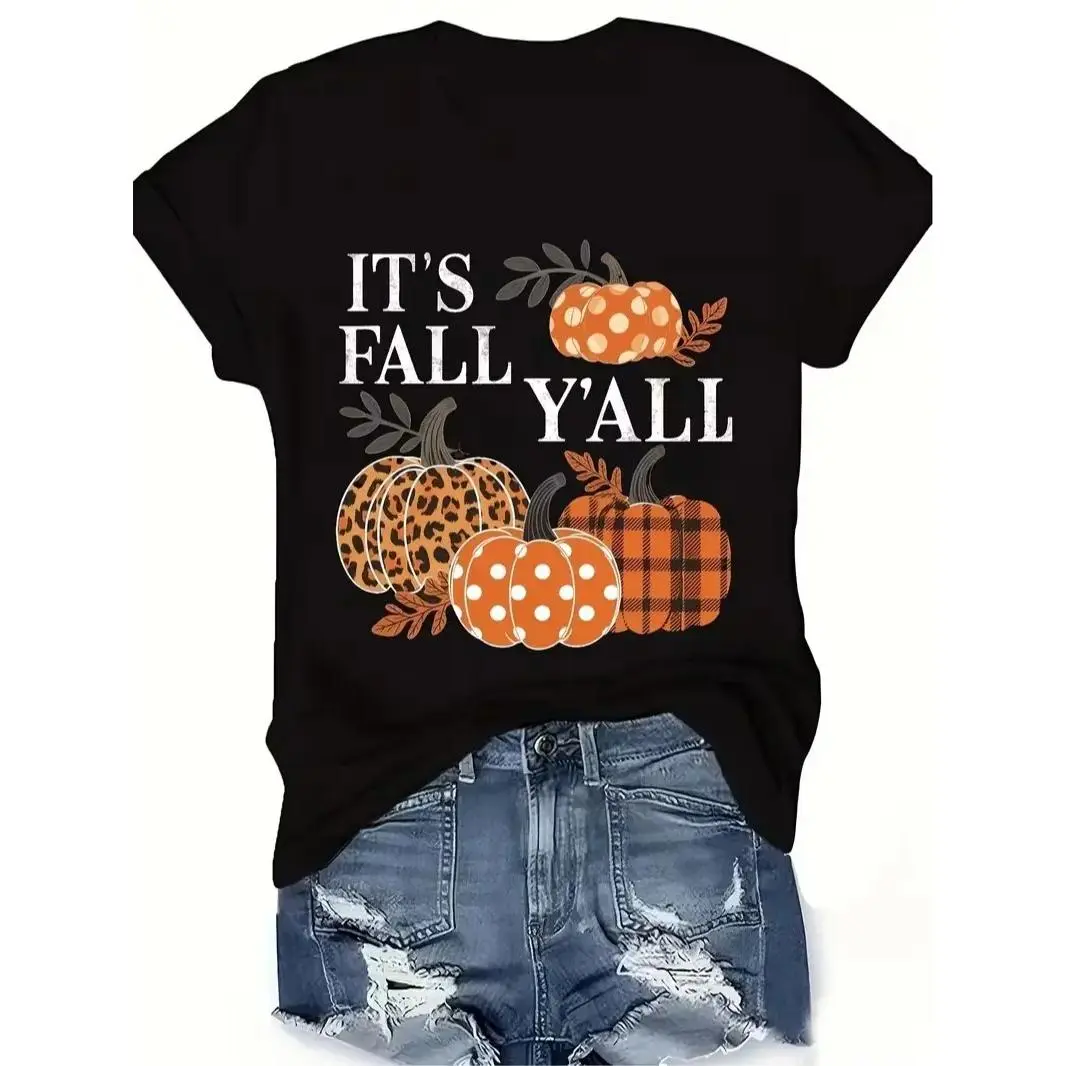 Women's Autumn Pattern TShirt IT's FALL Y'ALL Pumpkin Theme Top Orange and Beige Plaid Pumpkin Pattern Casual Everyday Shirt for Halloween Thanksgiving and Autumn Outfits Machin Seasonal Fashion Retro Design Comfortable Fit