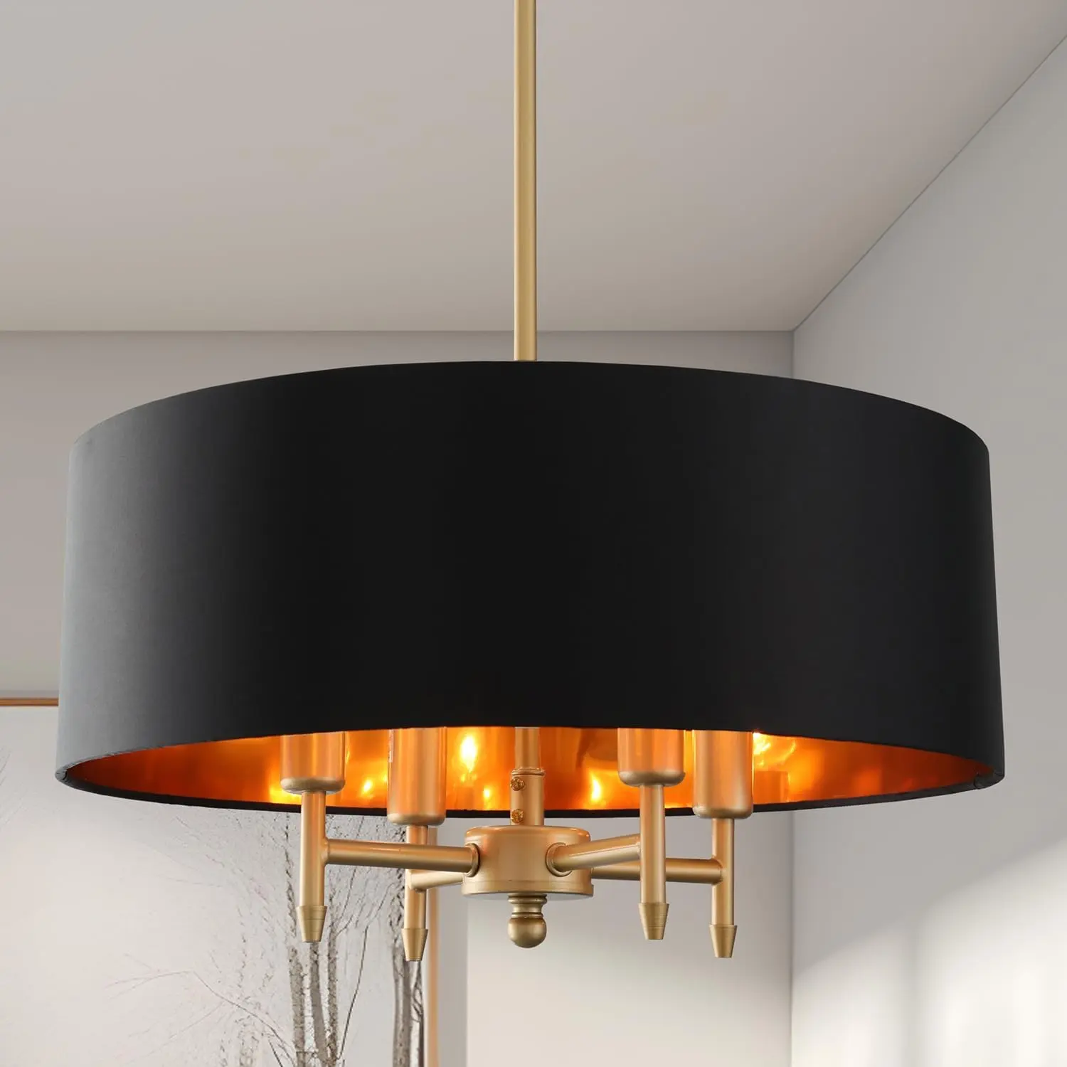 17.7in Black  Drum Chandelier 4-Light Shade Linen Light Fixture | Modern Chandeliers for Dining Room, Bedroom, Kitchen , Living Room, Foyer,Entryway, E12,Rod Adjustable