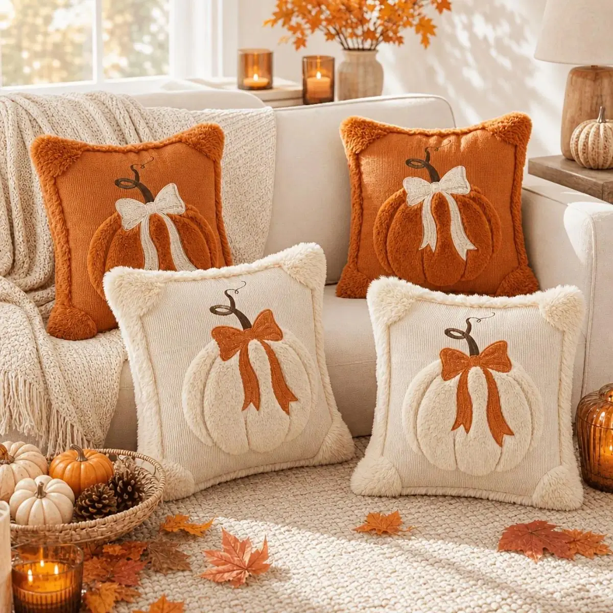 2-Pack 3D Jacquard Cloth Pumpkin Pillow Covers (18in x 18in) - Bow Accent Cushion Shells for Couch Cushion, Living Room Decor, Fall Farmhouse Indoor Recreation Accents, Farmhouse Decor