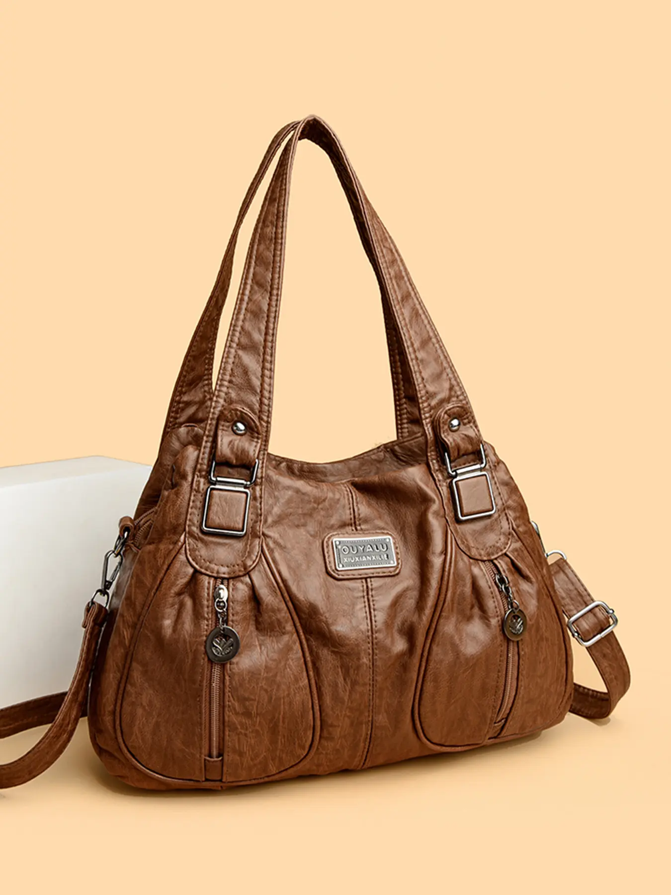 1 Pack Vintage Washed Texture Women Shoulder Bag Detachable Crossbody Strap Multi Zipper Pocket Handbag, Large Capacity Daily Bag For Office Commute, Shopping, Casual Outings And Weekend Trips