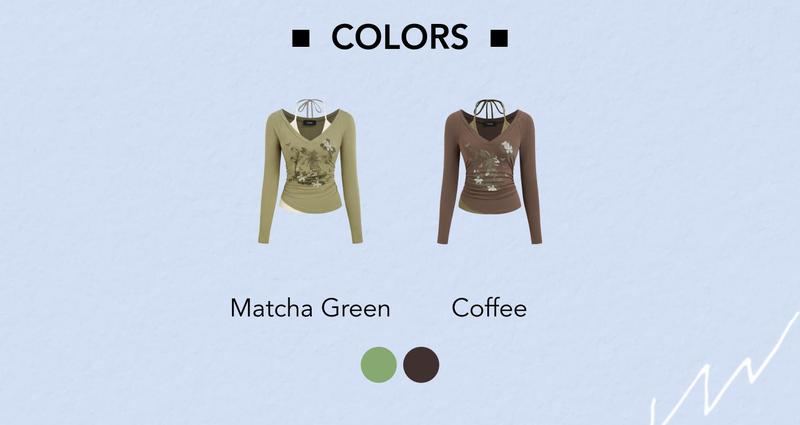 Cider Cotton-blend V-neck Graphic Ruched Long Sleeve Tee