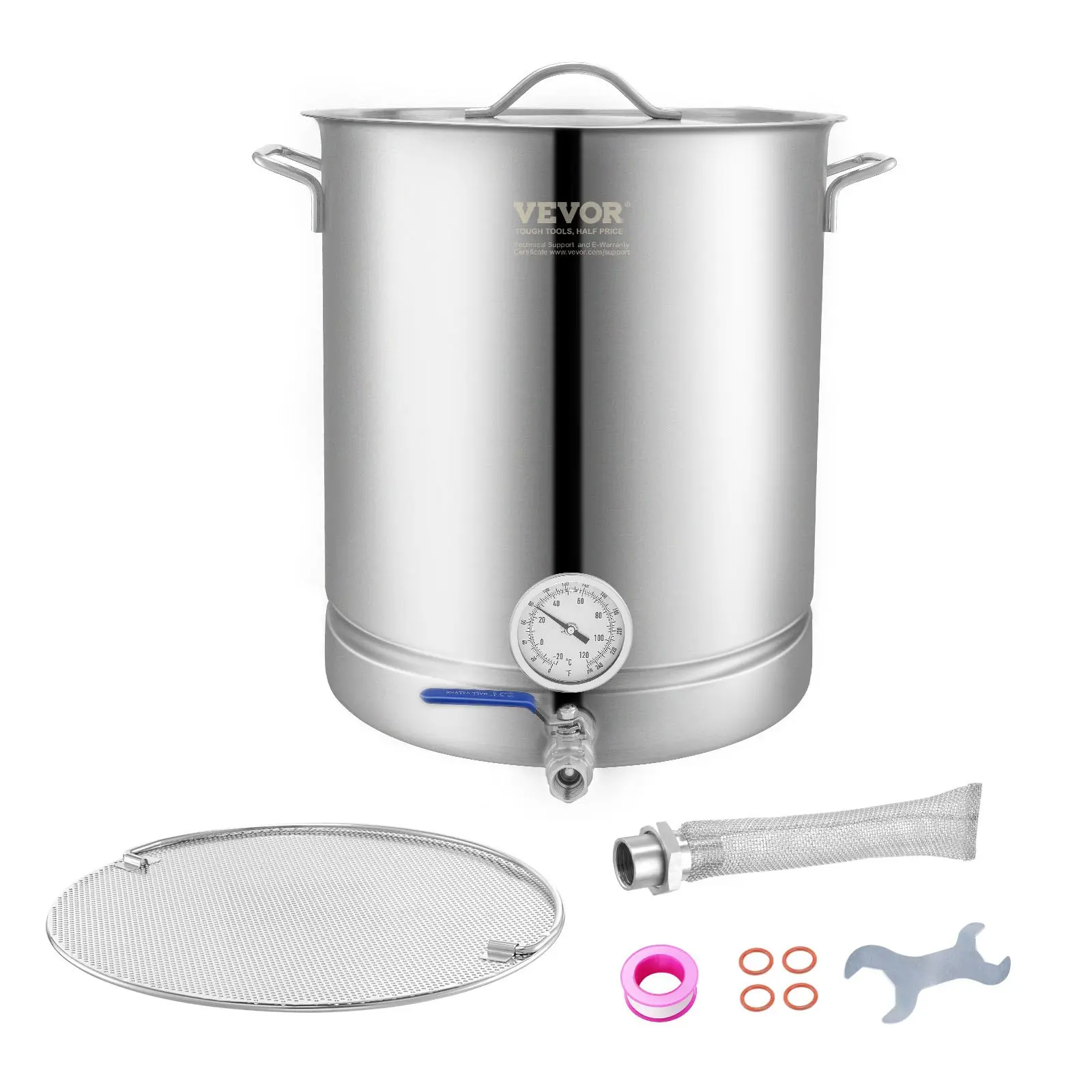 VEVOR 16-Gallon (60.56L) Tri-Ply Base Stainless Steel Home Brewing Kettle Complete Kit for Cooking, Waterproof Gas Stovetop Set with Pot, Lid, Handle, 0-250 °F Thermometer, Ball Valve Spigot, Dual Filtration System