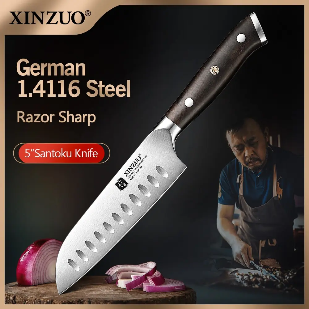 XINZUO Yu Series Stainless Steel Santoku Knife, 5 Inches, German ThyssenKrupp 1.4116 Molybdenum Vanadium Steel Blade, Premium Ebony Handle, 56-58 HRC, 6.0-8.0N Cutting Force, Polished High-End Look