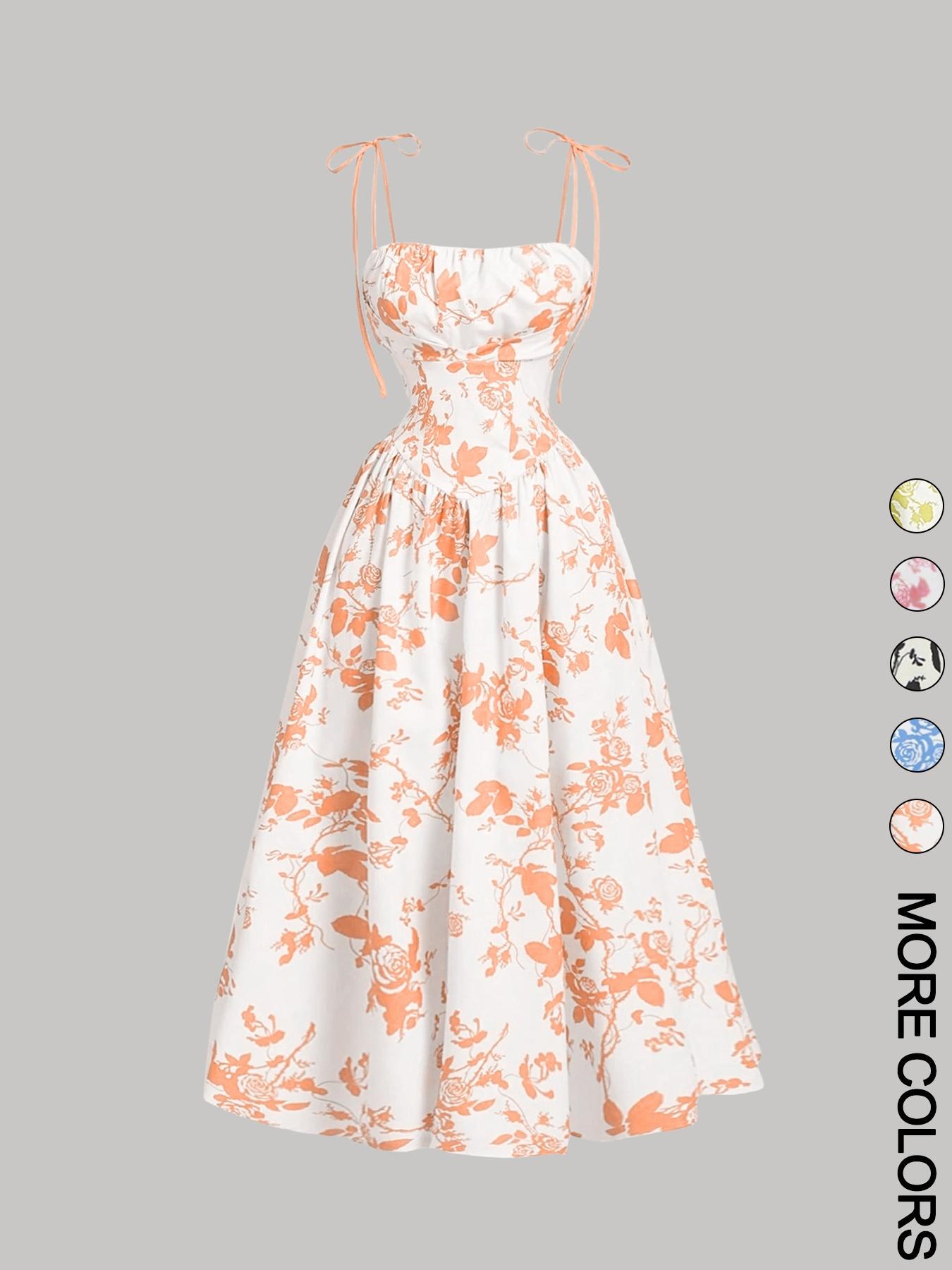 Women's Floral Print Tie Shoulder Cami Dress, Fashion Casual Sleeveless Spaghetti Strap Dress for Daily Outdoor Wear, Women Dress for Summer Women's Floral Print Tie Shoulder Cami Dress, Fashion Casual Sleeveless Spaghetti Strap Dress for Daily Outdoor Wear, Women Dress for Summer