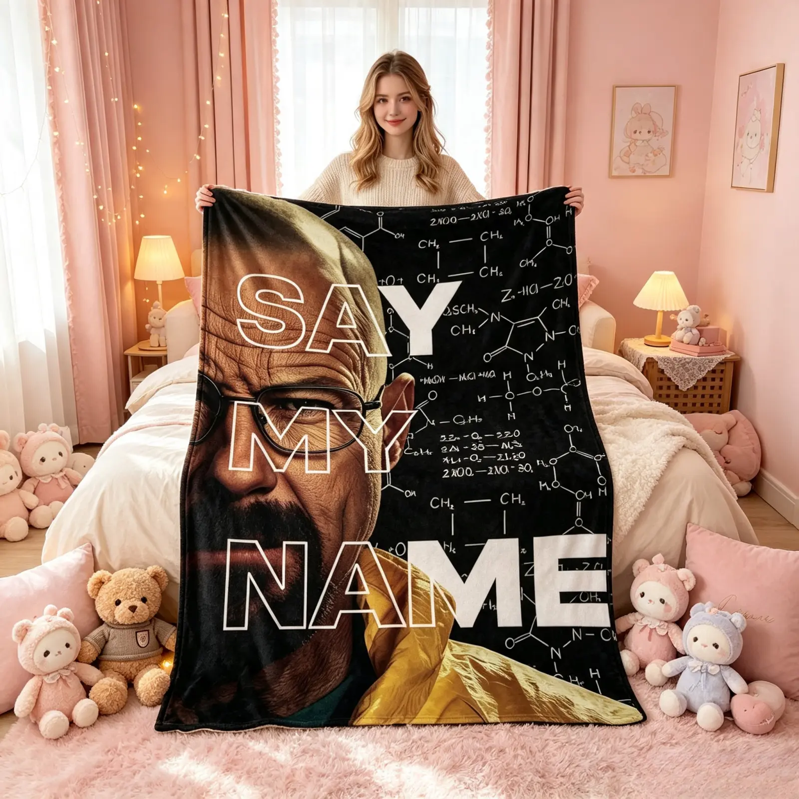 Walter White Say My Name Chemical Formula Background Flannel Throw Blanket, Classic Breaking Bad Themed Decorative Blanket for Man Cave Bedroom Sofa, Trendy Birthday Christmas Thanksgiving Gift for TV Series Fans TikTok Viral Amazon Must Have