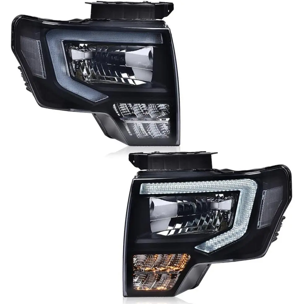 LED DRL Headlights Assembly Fit 2009-2014 Ford F150 headlights| Smoke Lens, Black Housing, Clear Reflector, Driver & Passenger Side Head Lamps,headlamp
