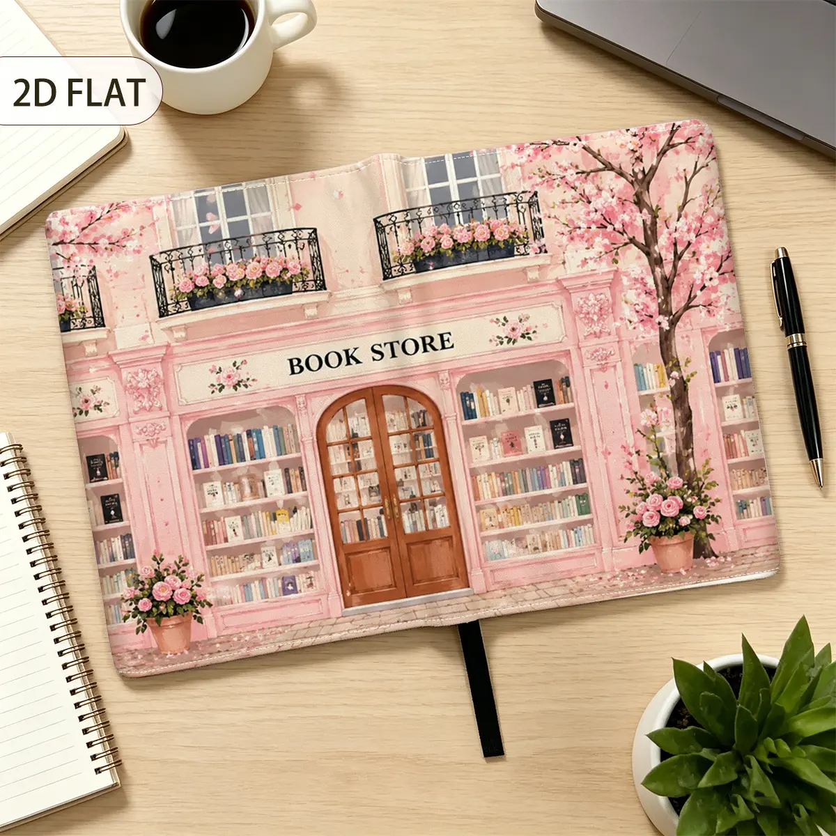 1pc 2D Flat Pink Paris Bookstore Cherry Blossom Facade Pattern A5 Book Cover, Reusable Protective Book Sleeve for Notebook Journal, Romantic Floral European Style Stationery Gift for Back to School Season & Teacher’s Day