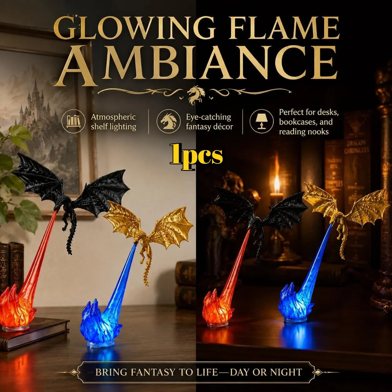 Dragon Bookshelf Nook Light, 3D Printed Fire-Breathing Fantasy Shelf Decor I Flying Dragon Design I Red orBlue Flame I Large & Small Options I Book Lover Gift I Halloween Shelf Display