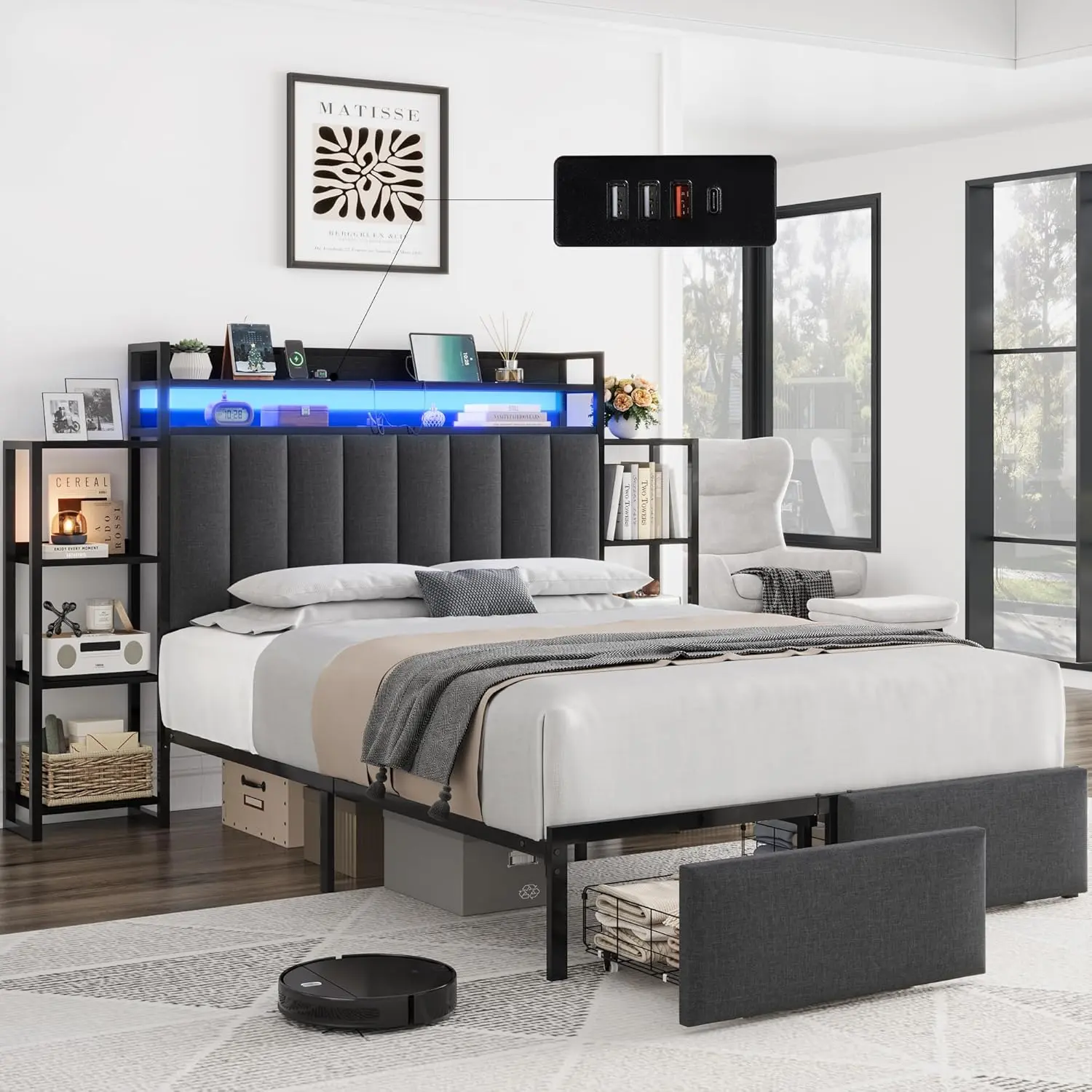 Full Size Upholstered Platform Bed Frame with Hidden Headboard Storage – Top Shelf, LED Lighting, Charging Station, Side Bookcase Shelves, Pull-Out Footboard Storage – Modern Bedroom Furniture – No Box Spring Needed – Black