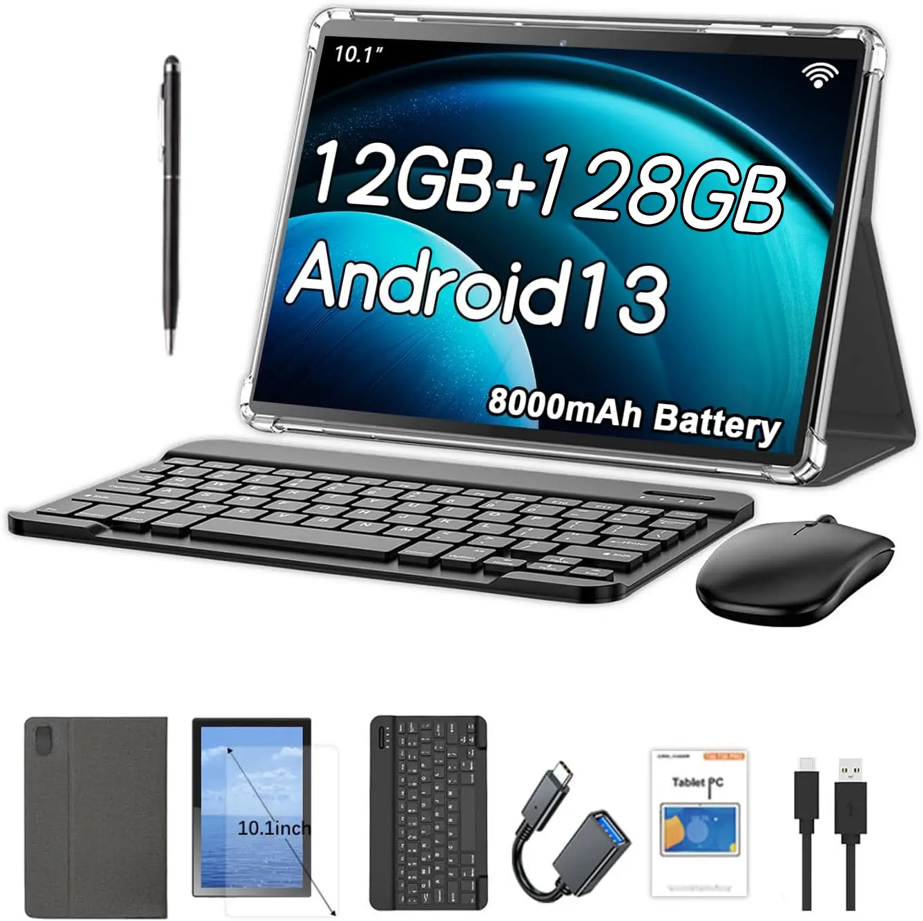 Crelander T40 4G LTE 10.1 inch Android 13 Tablet 2 in 1 with 12GB RAM 128GB ROM 8000mAh Battery 1280x800 IPS Touch Screen WiFi Bluetooth Dual Camera SIM Slot Phone Call Keyboard Case Mouse Stylus movie tablet