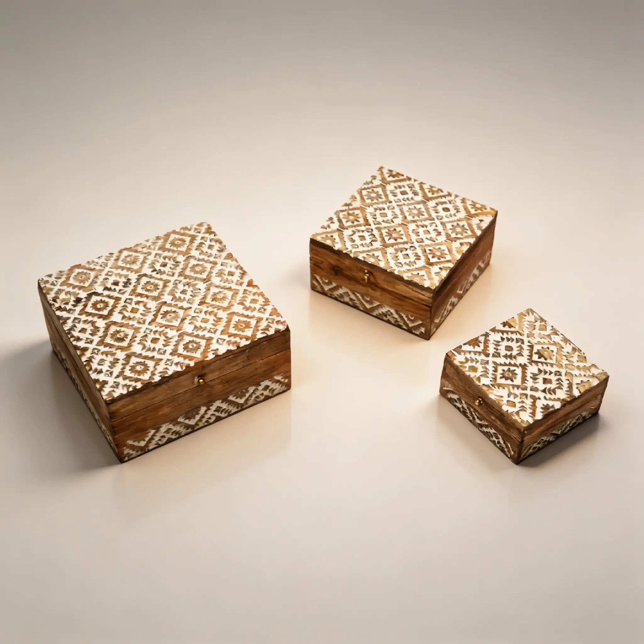 Set of 3 Hand Carved Mango Wood Nested Decorative Boxes, Rustic Storage Decor Boxes