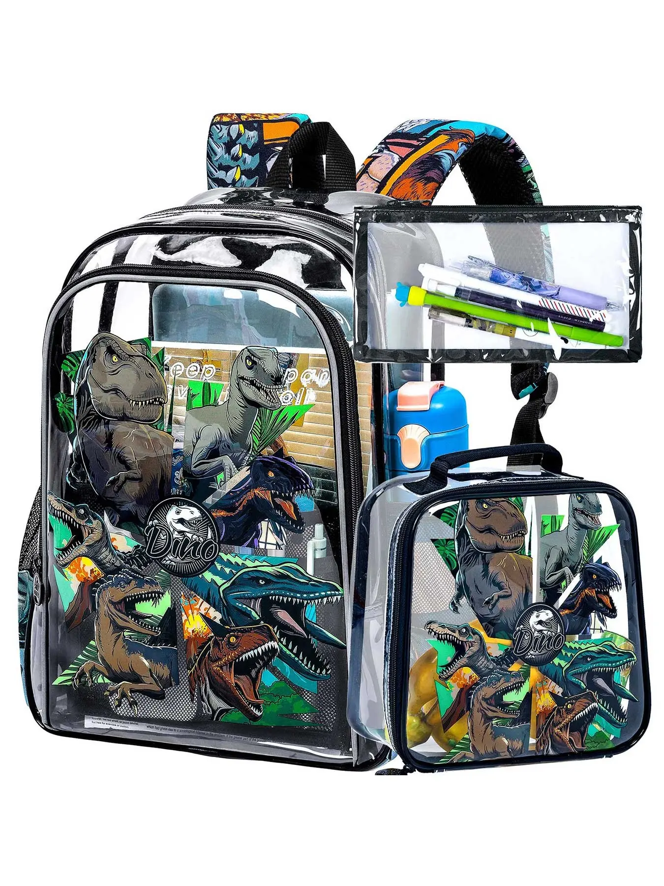 3-piece transparent boys' schoolbag, transparent student backpack with lunch box, primary school dinosaur perspective backpack (black)