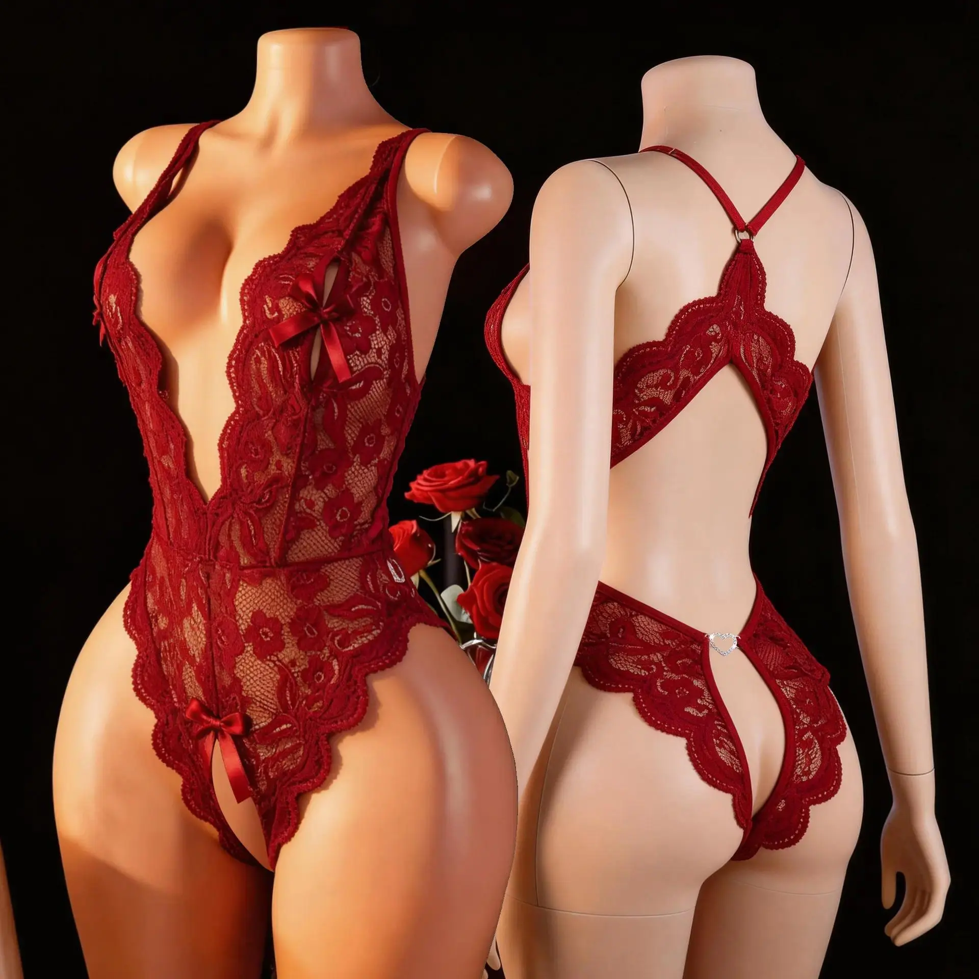 Women's Floral Lace Halter Teddy Lingerie Deep V Cutout Open Back Split Crotch Mini Bow Exotic Nightwear Mesh One Piece Bodysuit Romantic Gift for Girlfriend Valentines Day Anniversary