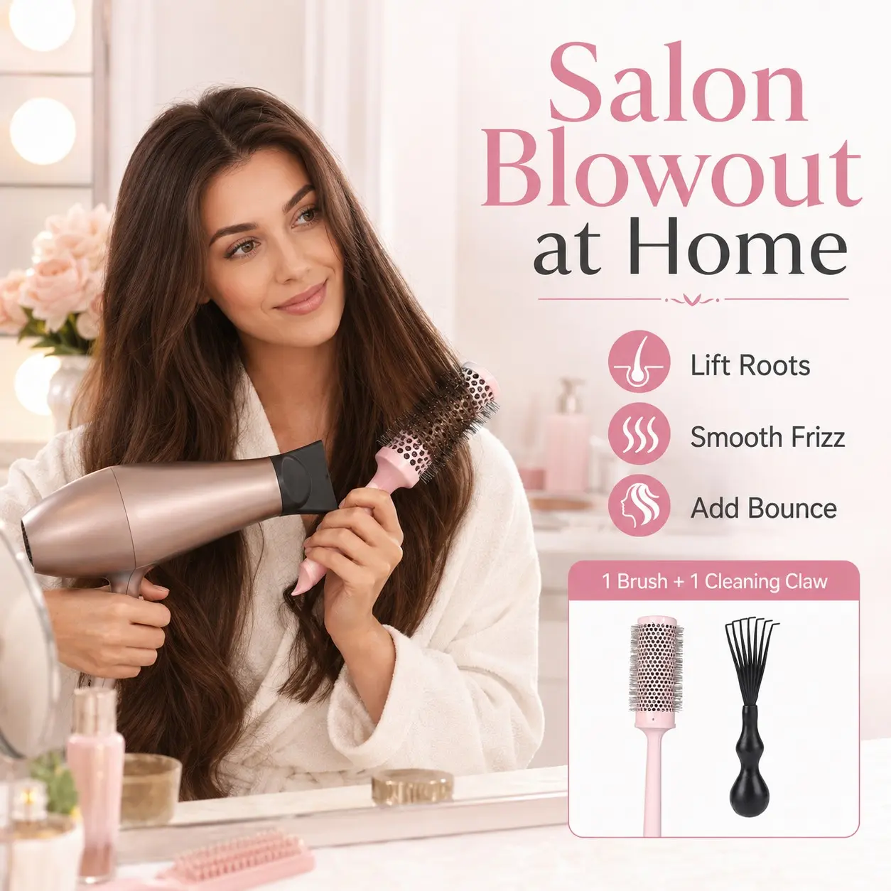 2 in 1 Ceramic Ionic Round Brush, 4 Sizes for Super Sleek Smooth, Shiny Blowouts, Added Volume, Faster Drying, Less Frizz and Easy Styling for All Hair Lengths