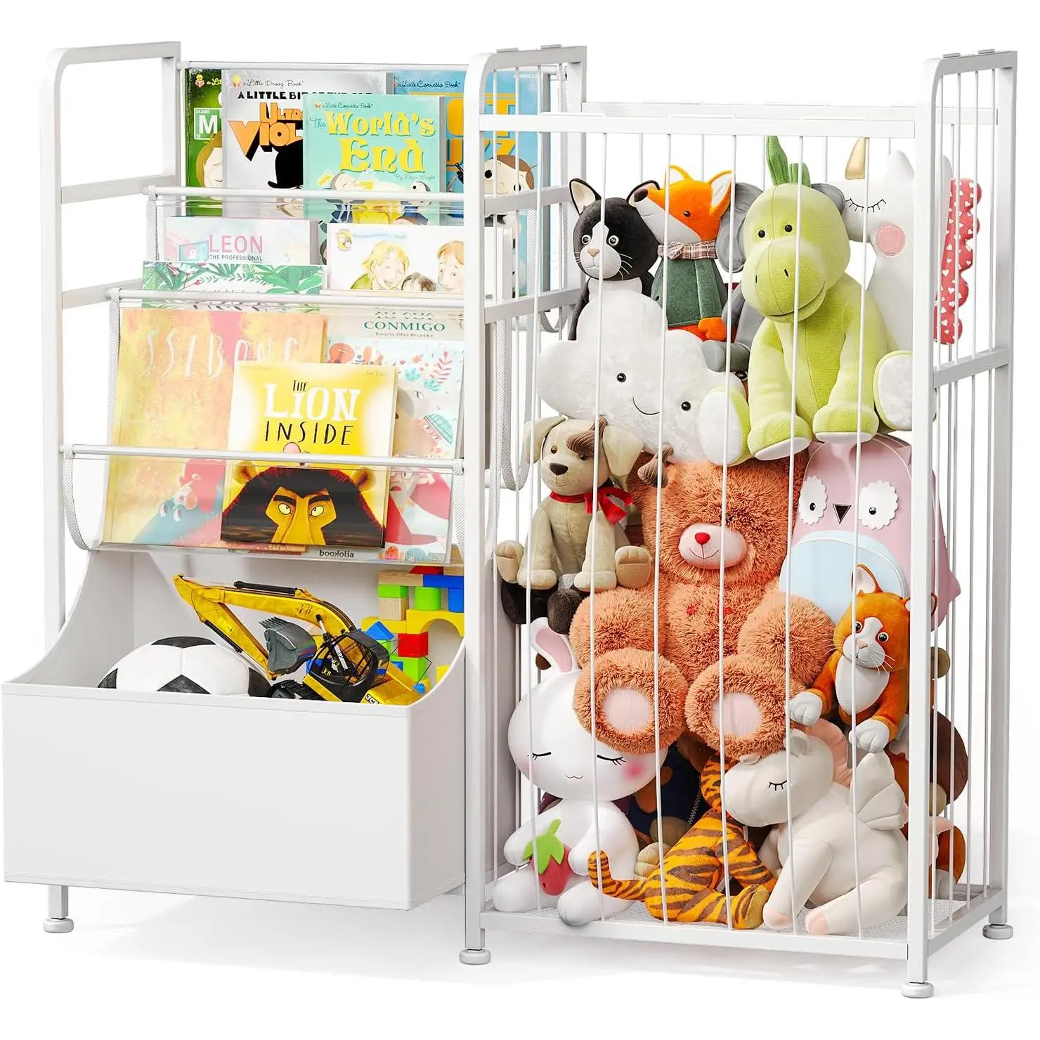 Kids Bookshelf and Stuffed Animal Storage - Multi-Function Nursery Book Shelves with Leather Toy Box and PVC Book Display, Toy Organizer for Playroom, Bedroom, Nursery, White