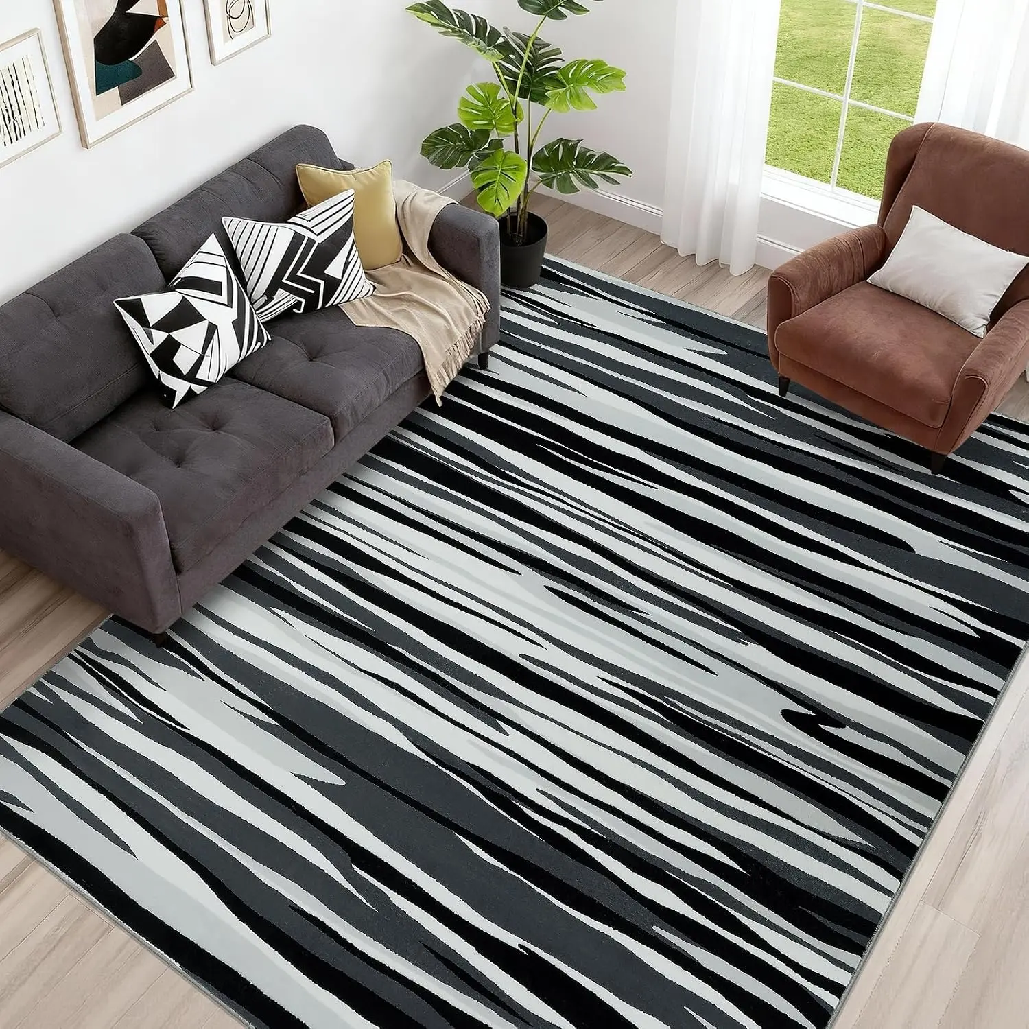 5×7 Ft Area Rugs for Living Room: Modern Abstract Black Grey and White Rug - Nonslip Washable Striped Rug for Bedroom Dining Room Office Playroom   Decor