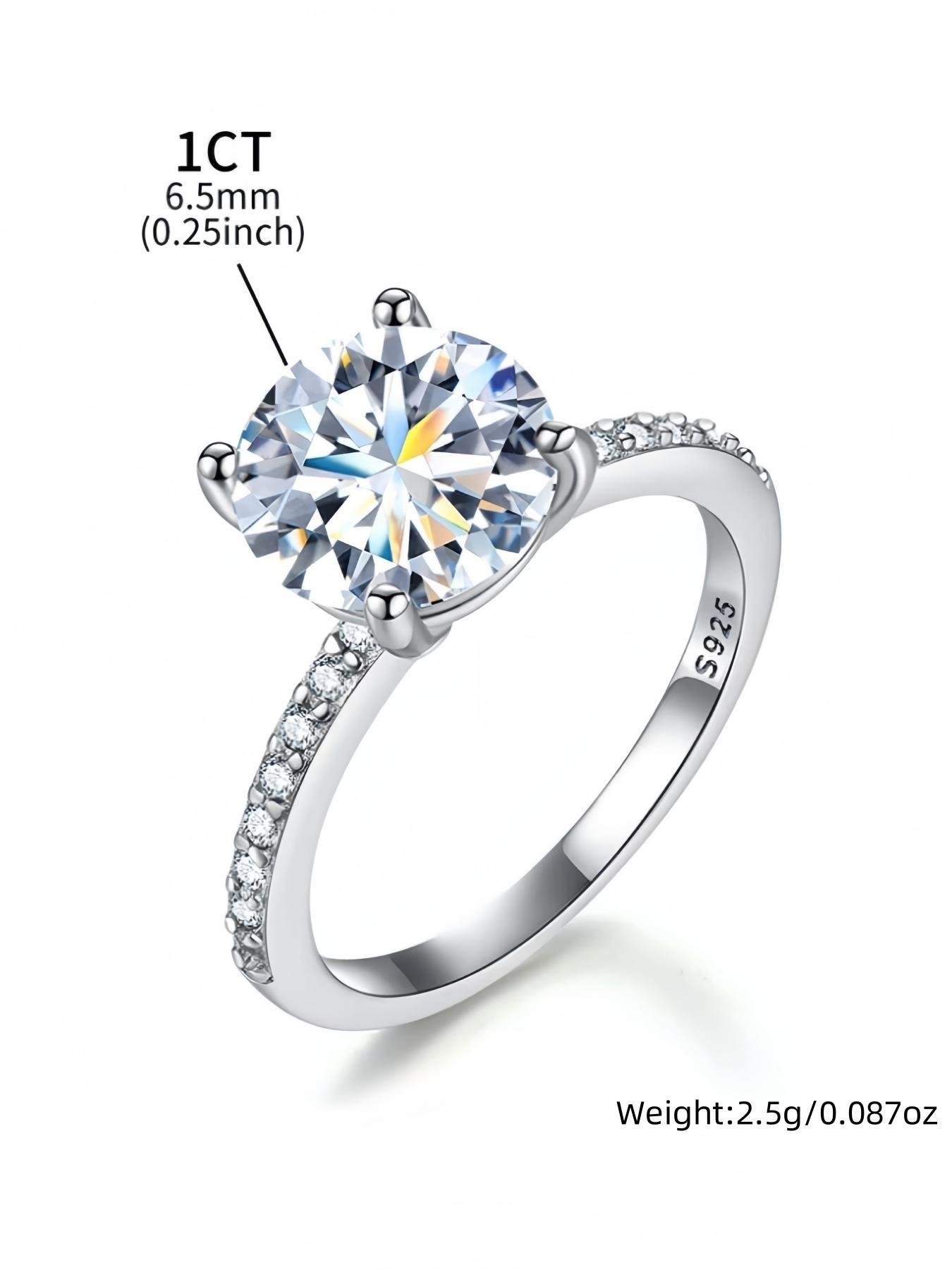 S925 Sterling Silver 1CT Moissanite Solitaire Ring, Elegant Jewelry for Women, Trendy All-match & Exquisite Jewelry for Birthday Gift with Box