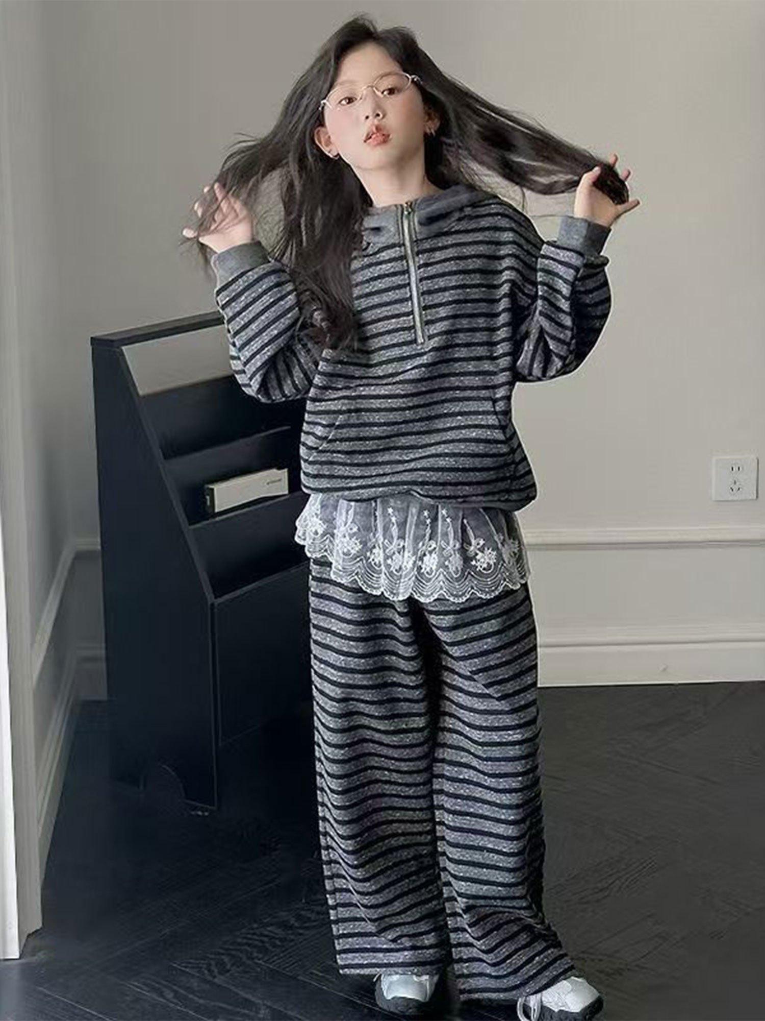 2025 Spring & Autumn New Girls' Striped 2pcs Set (Girls Clothes 10 to 12) - Hooded Half-Zip Sweatshirt with Lace Panels & Casual Wide-Leg Pants, for Outdoor