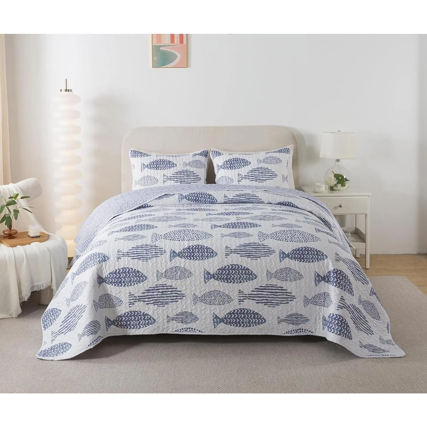 Coastal Nautical Fish Quilt Set, Queen with 2 Shams, Lake Bedding | Blue and White Ocean Comforter Set, Lake House Quilted Bedspread, Sea Fishing Coverlet, Beach Theme, Maritime Lakehouse Décor