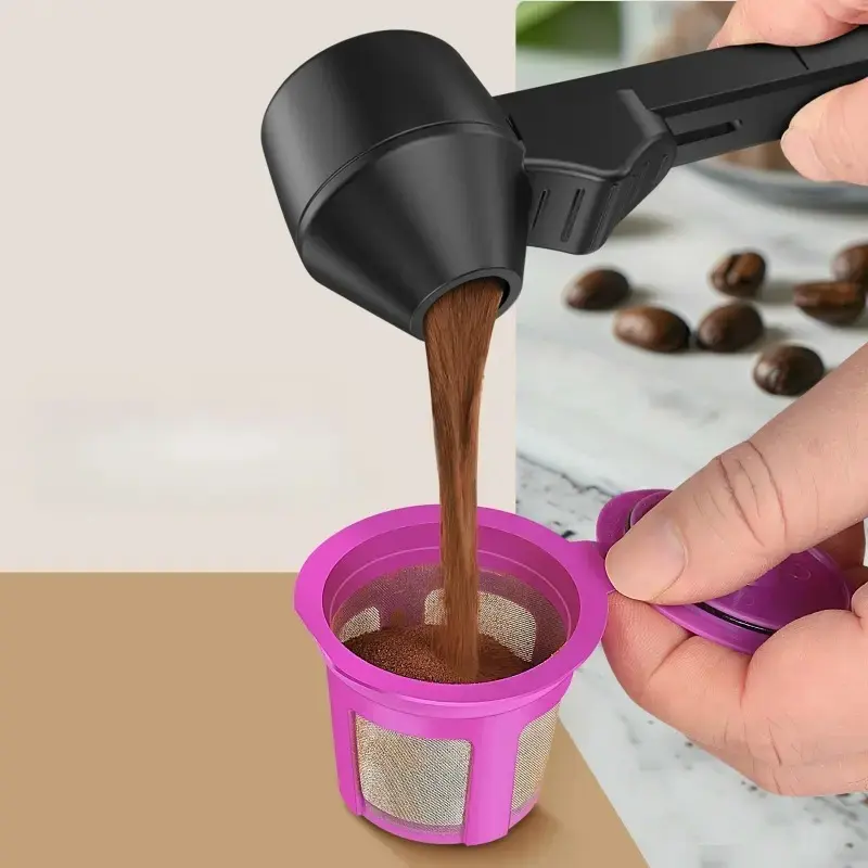 Protein Powder Sliding Spoon,Coffee Scoop with Funnel for Reusable K Cup Refillable Coffee Pods, 2 TBSP Mess-Free Measuring Spoon with Sliding Leveler, Ideal for Ground Coffee, Protein Powder & Tea, Coffee Making Tool, Coffee Equipment (1-Pack)