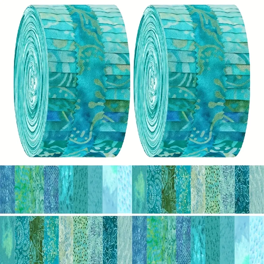 40PCS Cyan & Teal Precut Fabric Strips, 2.55x19.7 Inch Unique Pattern Quilting Fabric Bundle for DIY Sewing Crafts, Doll Making & Patchwork