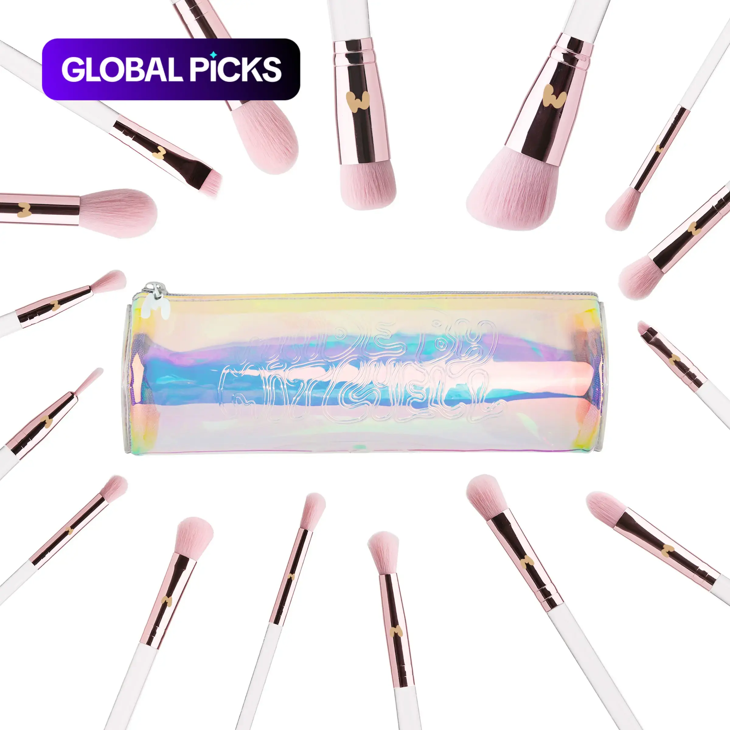 Pink 16pcs Brushes with Holographic Barrel Cosmetic Bag, Beauty Brush Set, Made By Mitchell, Professional Makeup Brush Sets #GLOBAL PICKS