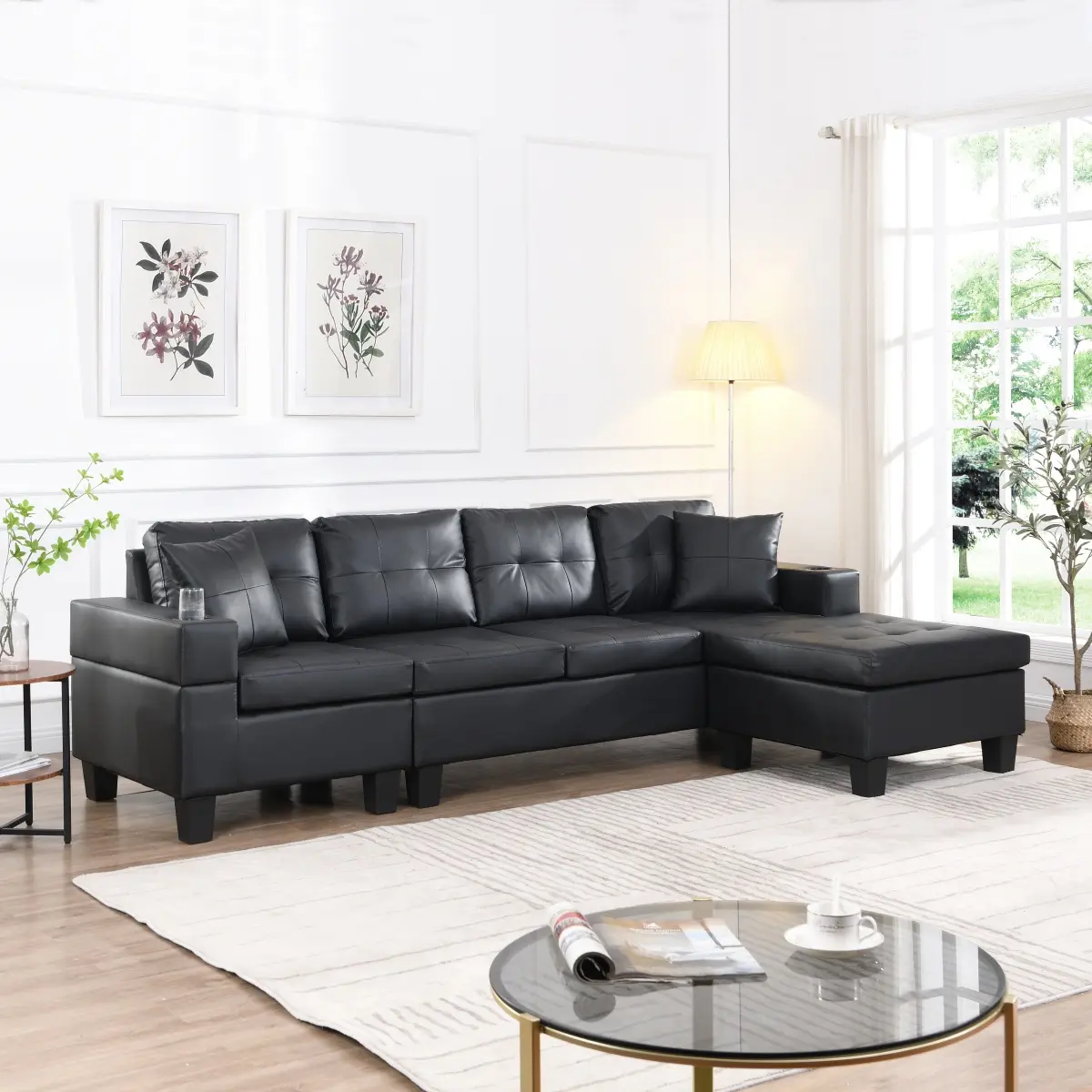 Aobtkel L-Shape Leather Sectional Sofa Set - 4-Seat Multi-Position Living Room Furniture with Left/Right Hand Chaise Lounge, Built-In Pocket Springs, Cup Holder, Assembly Required (BLACK)