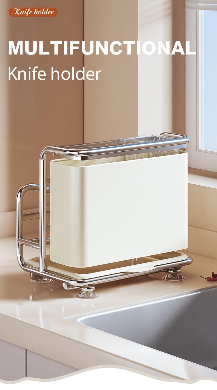 Stainless Steel Knife Organizer, a White Multifunctional Countertop Kitchen Storage Rack for Storing Knives, Cutting Boards, And Cutlery, Featuring a Draining Tray, Designed to Be Durable And Space-Saving