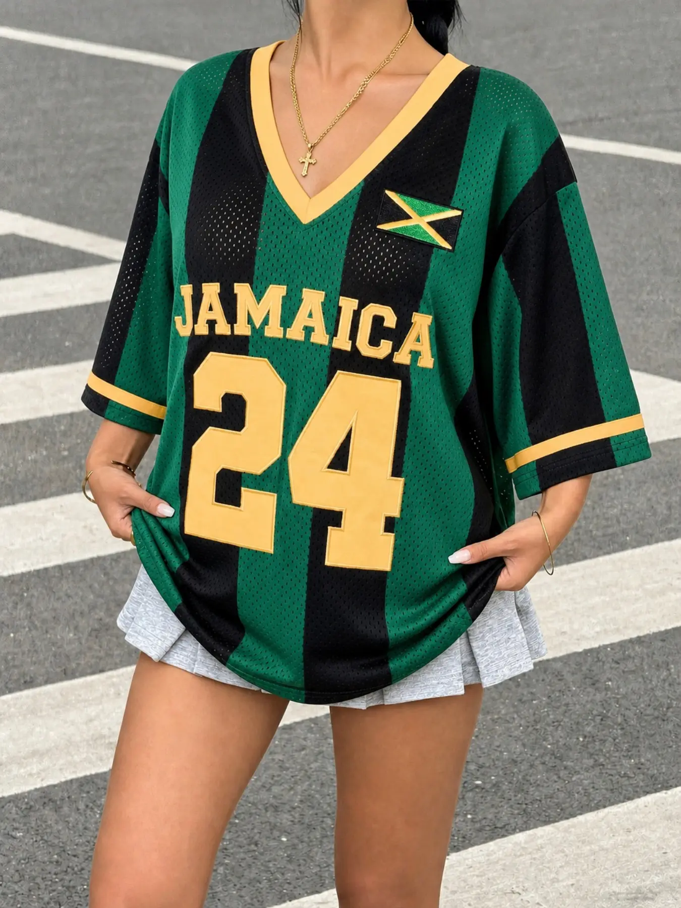 Women's Jamaica Flag Green Black Vertical Stripe Mesh V Neck Jersey Top, Oversized Breathable Mesh Short Sleeve Tee, Retro National Flag Print Sport Street Blouse