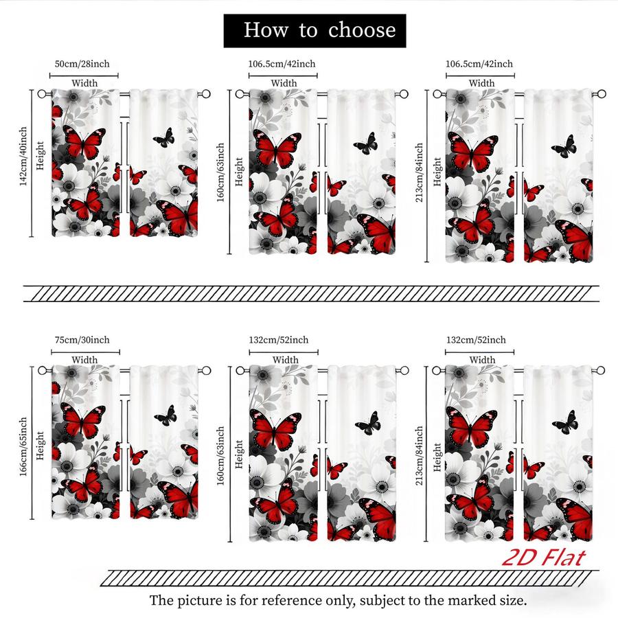 2Pcs Red Butterfly Floral Pattern Curtains Digital Printed Rod Pocket, Window Treatment For Bedroom Office Kitchen Living Room Study Home Decor