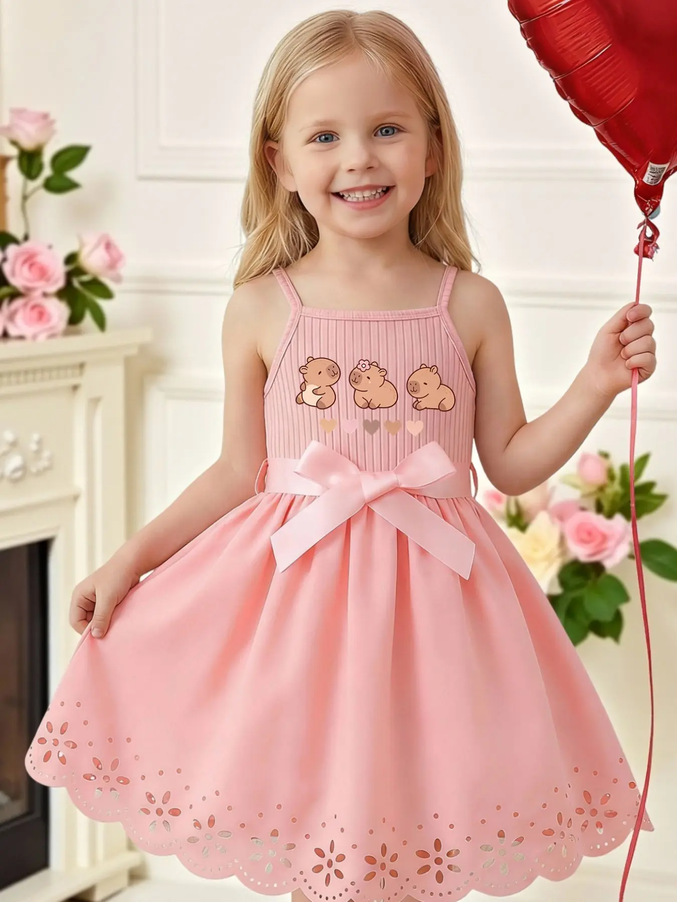 Young Girls Cute Capybara Heart Print Belted Strap Dress, Multiple Colors Available, Comfortable Daily Wear, Suitable for Ages 3-8