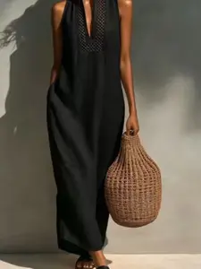 Stand Collar Hollow Out Embroidered Linen Long Dress, Natural Texture Breathable Dry, Coastal Vacation Style, Relaxed Casual Look