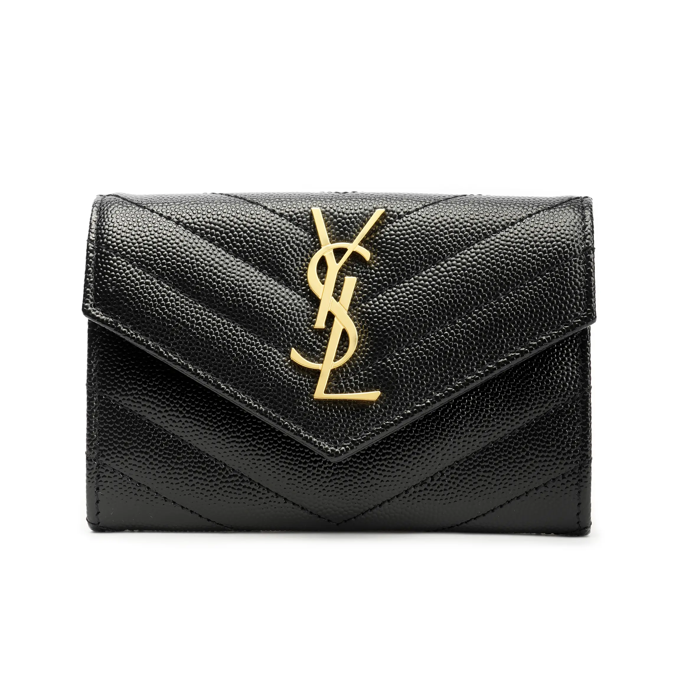 Saint Laurent YSL Cassandre Envelope Clutch Wallet for Women, Gold-Tone Hardware, Quilted Pebbled Leather, Black