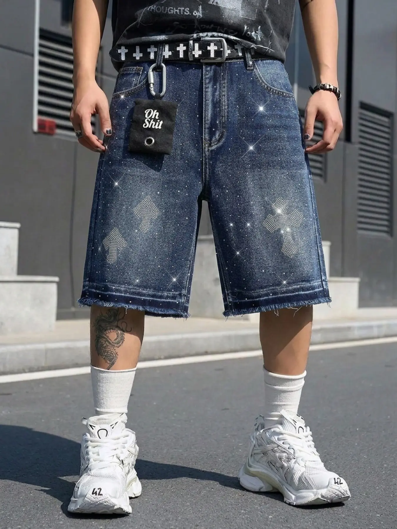 2026 Spring Summer American Retro Wide Leg Jeans, Rhinestone Cross Design, Fashion Casual Loose Fit, Daily Wear Denim Jeans