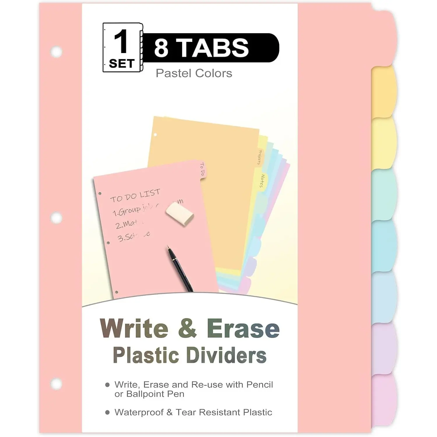 Pastel Write & Erase Plastic Binder Dividers - 8-Count 8-Tab Separators with Tab Labeling for Letter Size 3-Ring Binders, Erase & Reuse Organizers for Students/Offices