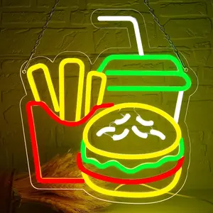 Hamburger Neon Light Sign, French Fries LED Neon Lamp, USB Powered Restaurant Kitchen Shop Party Decoration, Burger Store Decor
